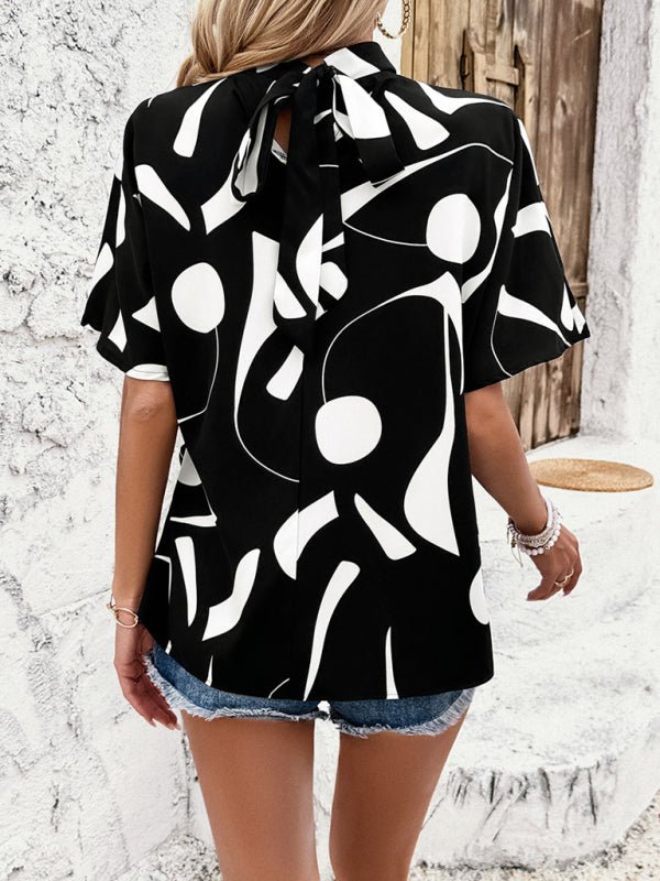 New stand collar casual loose printed short sleeve top - Top